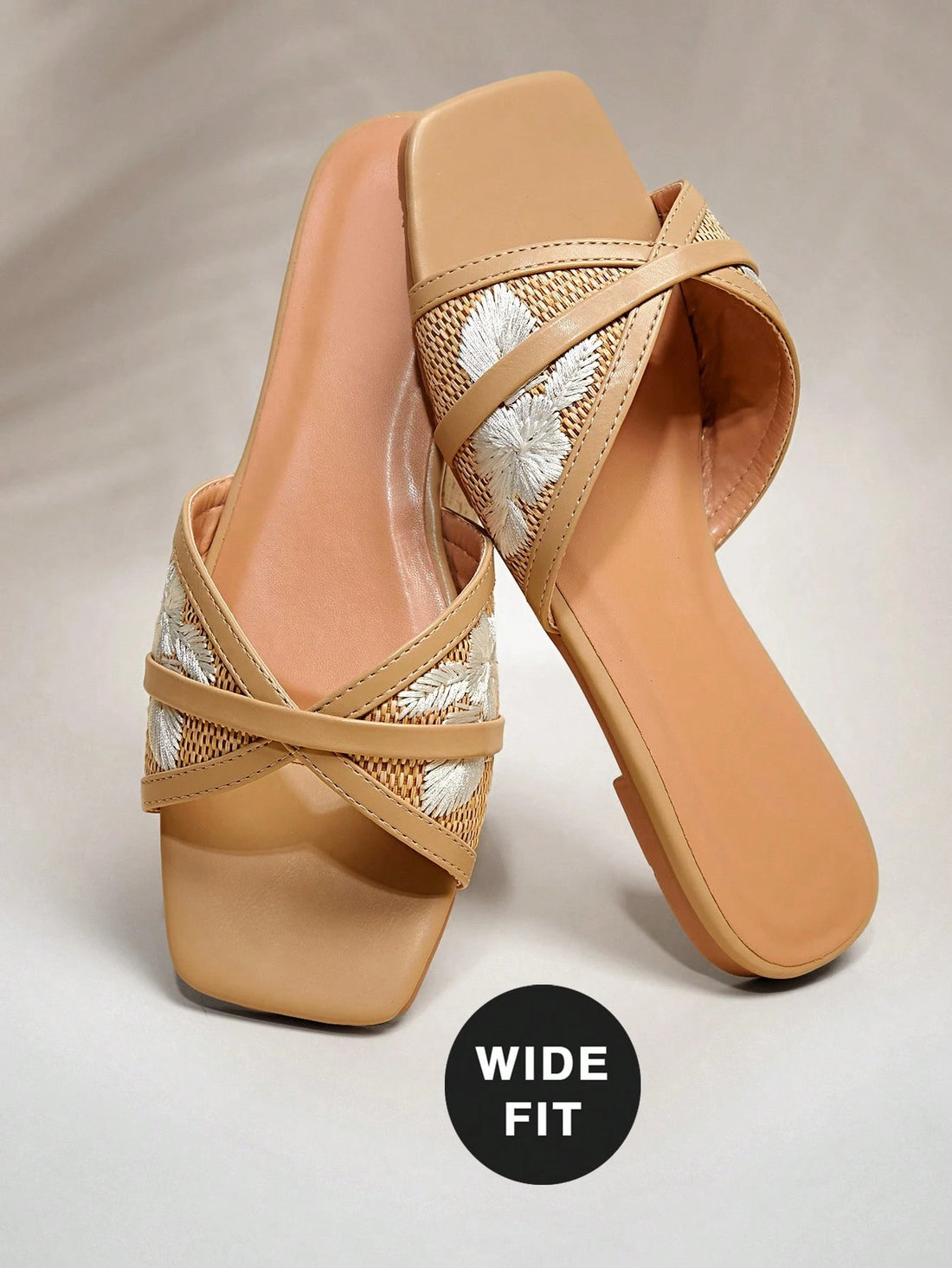 SHEIN SHUZIA Beige Wide-Fit Straw Raffia Band Flat Espadrille Sandals