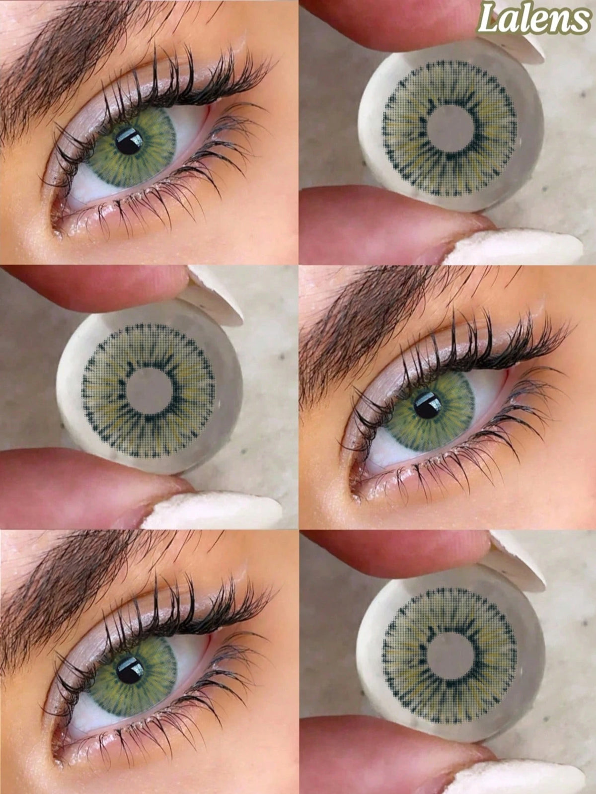 Collage of contact lenses worn and close-up shots on eyes with 'Lalens' branding.