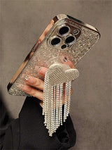 SHEIN Valentines Sequins 2000s Fashion Silver Y2k Luxurious Electroplated Glitter & Rhinestone Heart Tassel Phone Case