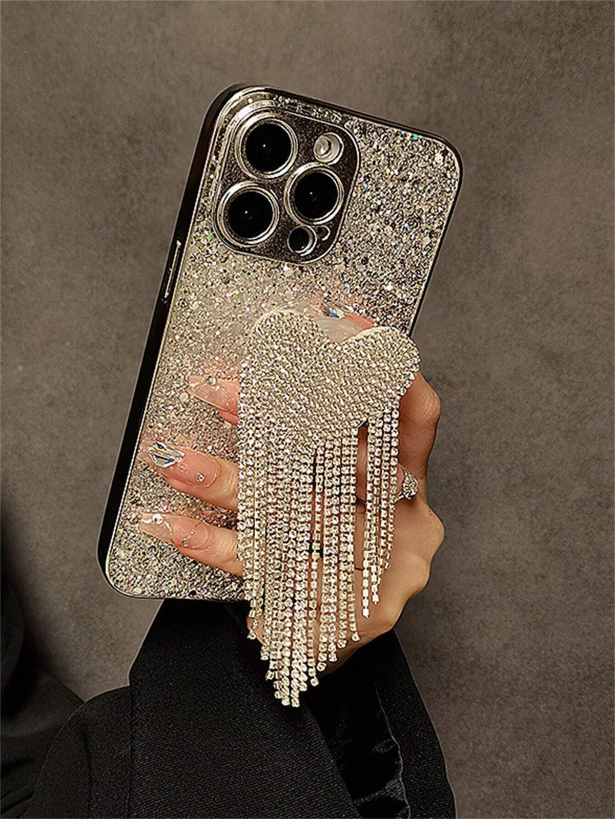 SHEIN Valentines Sequins 2000s Fashion Silver Y2k Luxurious Electroplated Glitter & Rhinestone Heart Tassel Phone Case