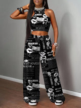 SHEIN Slaydiva Black and White Print Backless Camisole & Loose Pants Set
