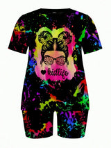 SHEIN 2pcs Set Neon Tie Dye & Portrait Printed Matching Top