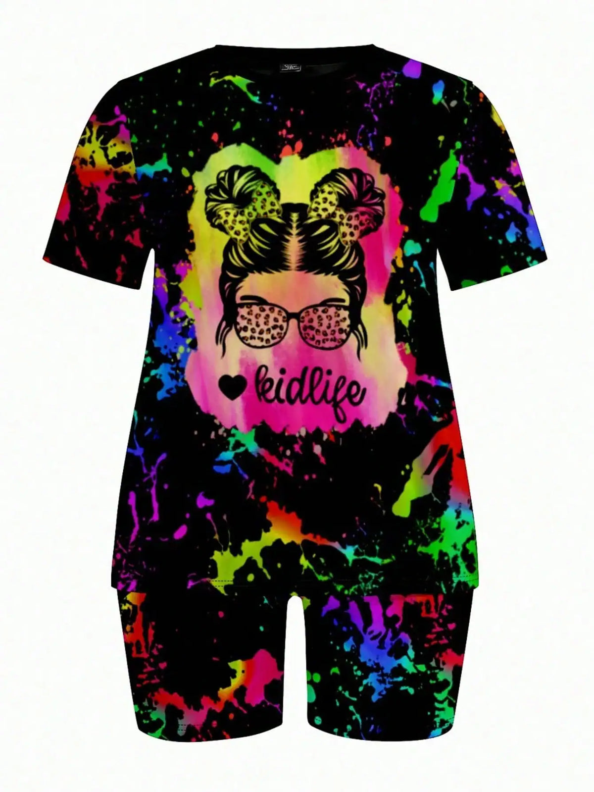 SHEIN 2pcs Set Neon Tie Dye & Portrait Printed Matching Top