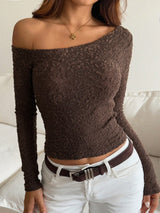 SHEIN Strévra Coffee Brown Textured Lace Asymmetrical Neck Long Sleeve Top