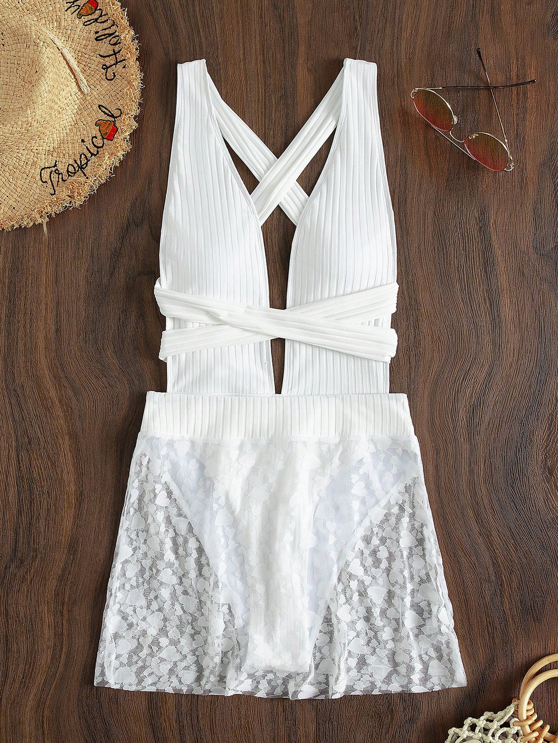 SHEIN Swim Chiccia White Criss Cross Backless One Piece Swimsuit with Beach Skirt