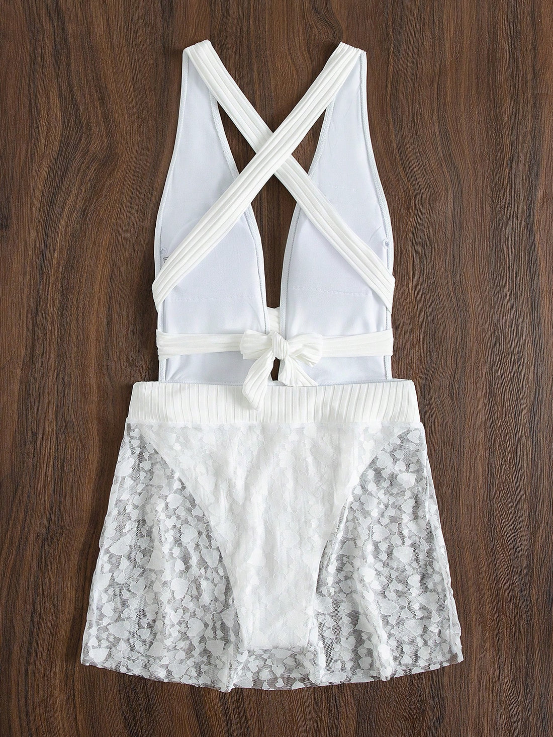 SHEIN Swim Chiccia White Criss Cross Backless One Piece Swimsuit with Beach Skirt