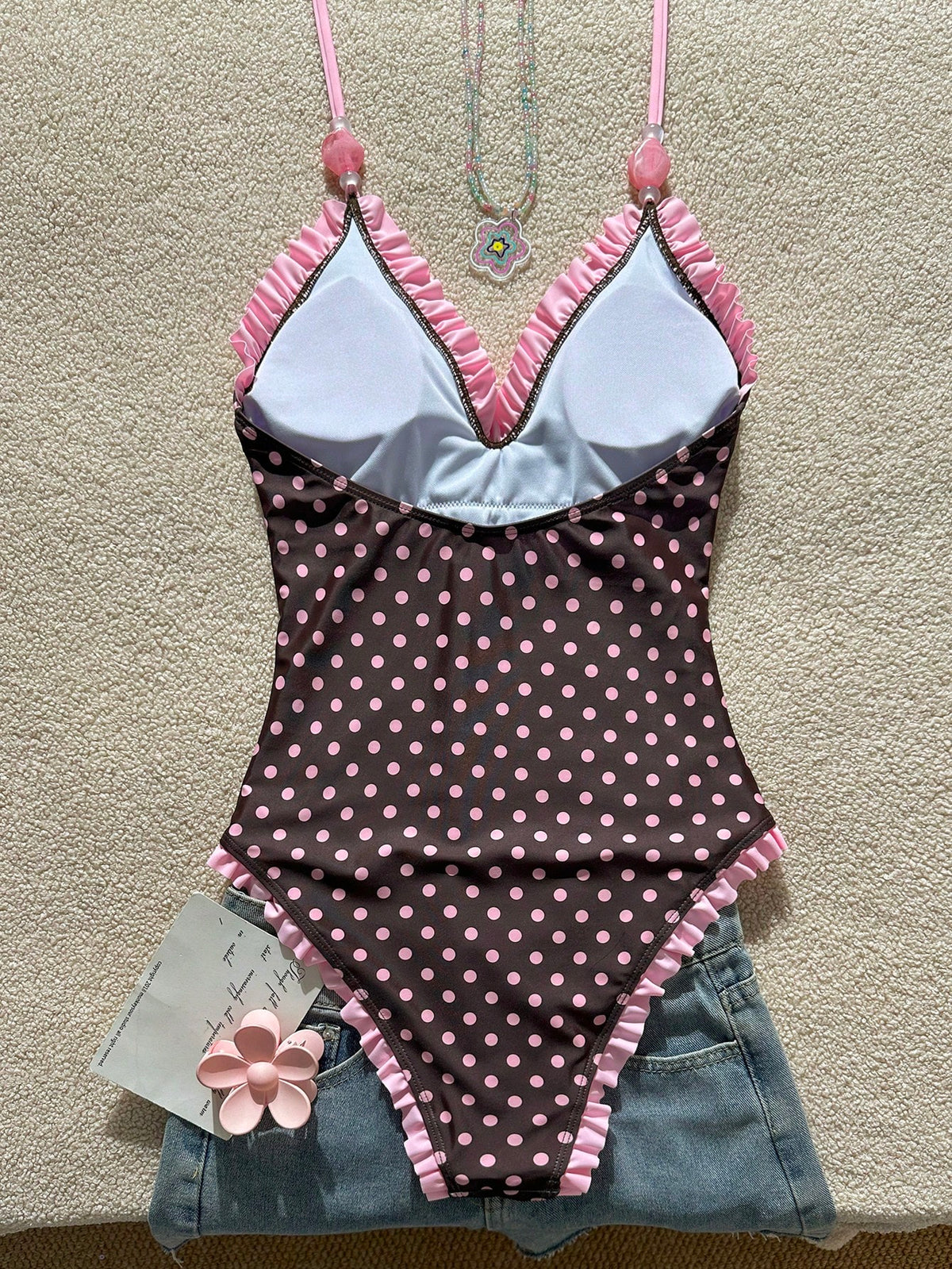 مايوه قطعة واحدة للبنات بينك هالتر بدانتيل وكشكشة – SHEIN Swim Mod