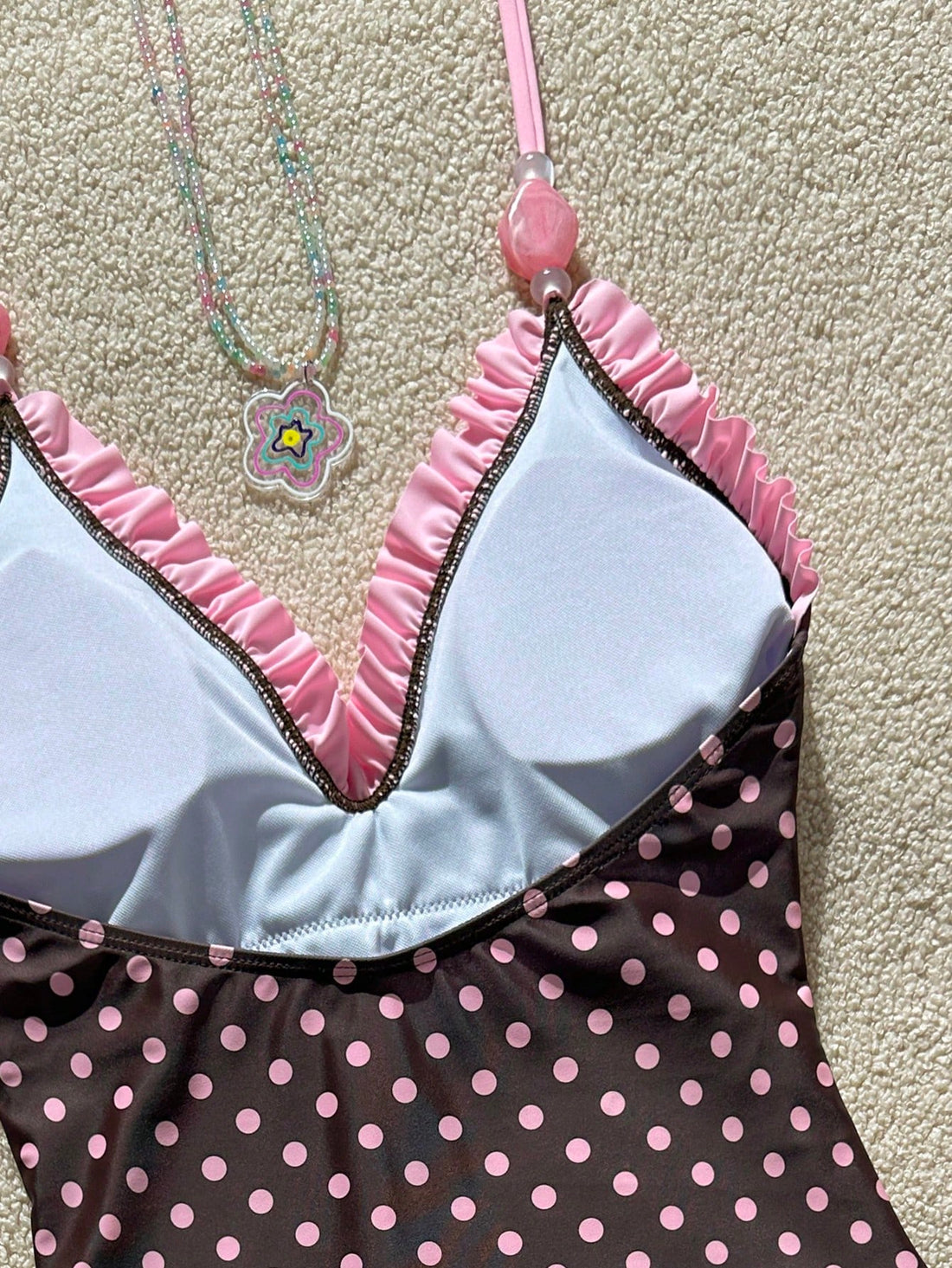 مايوه قطعة واحدة للبنات بينك هالتر بدانتيل وكشكشة – SHEIN Swim Mod