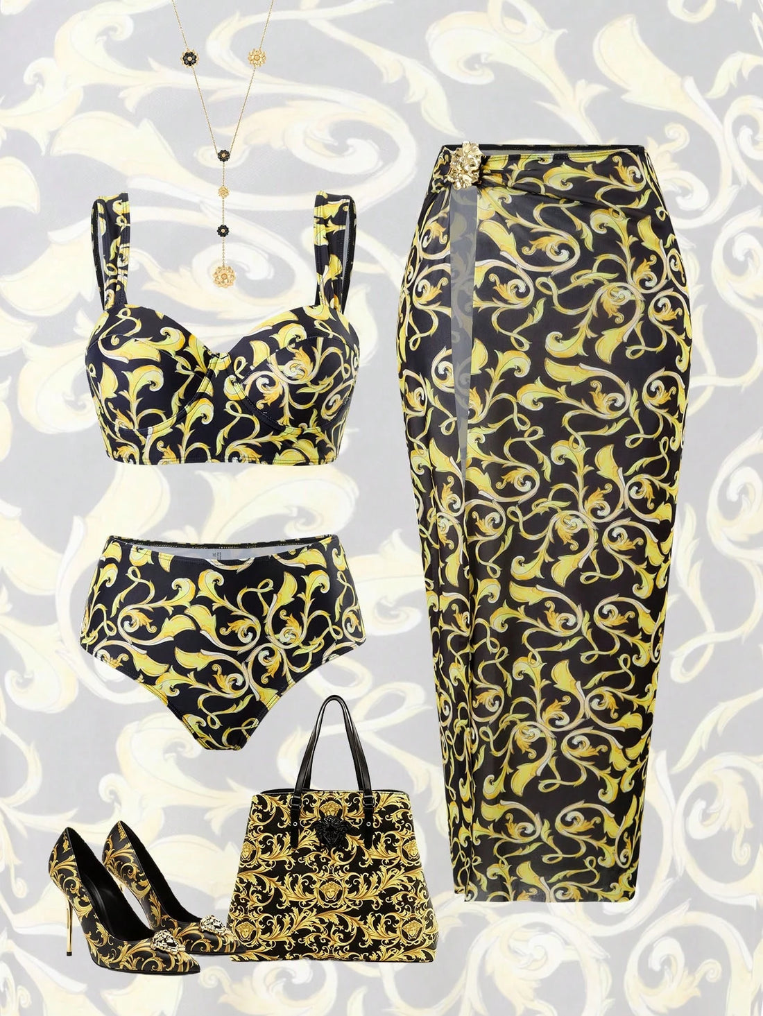 SHEIN Swim Oasis Black Ruffle Floral Padded Bikini Set with Long Mesh Skirt