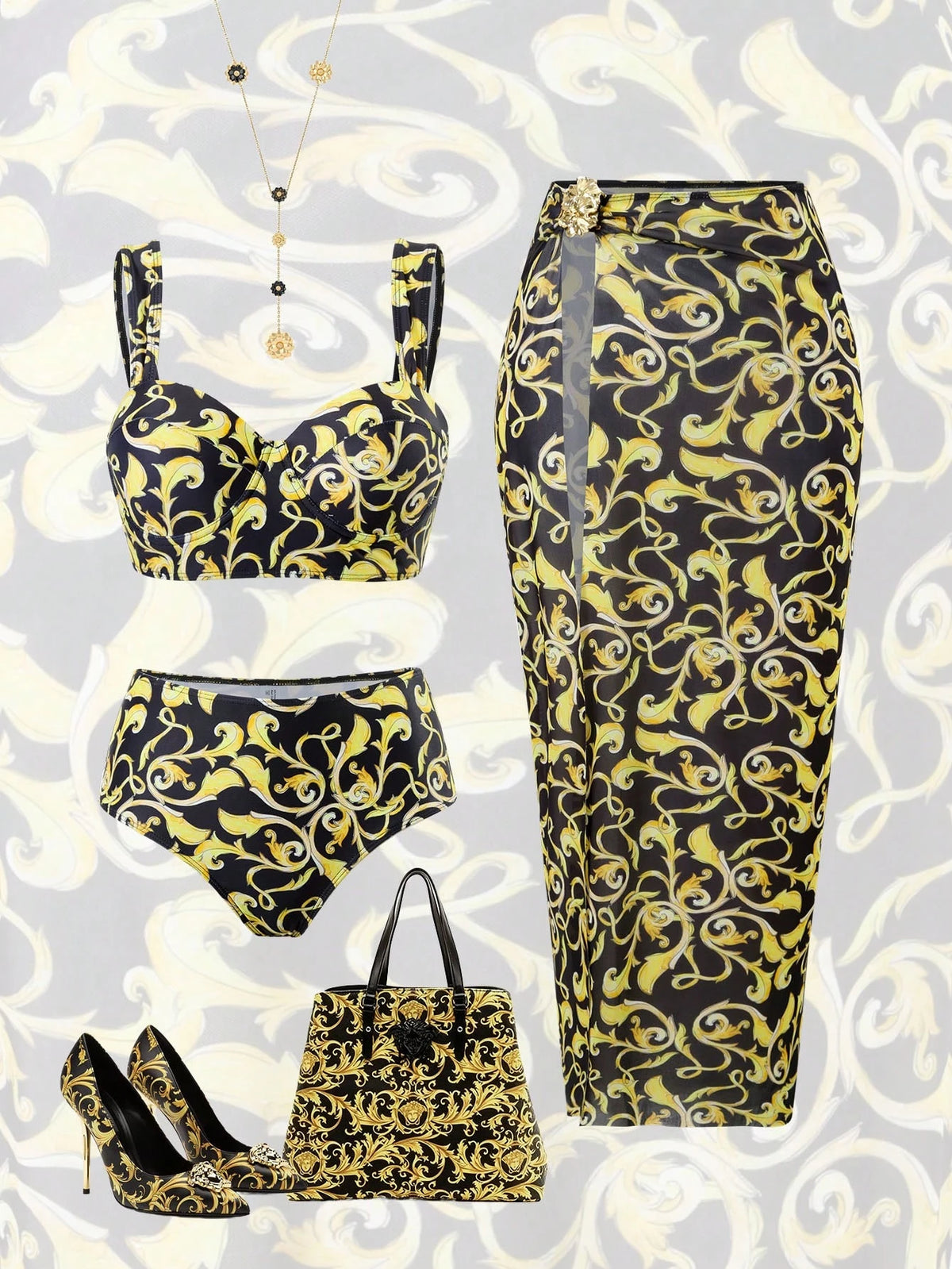 SHEIN Swim Oasis Black Ruffle Floral Padded Bikini Set with Long Mesh Skirt