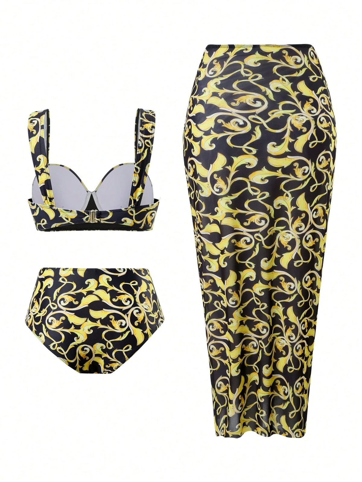 SHEIN Swim Oasis Black Ruffle Floral Padded Bikini Set with Long Mesh Skirt