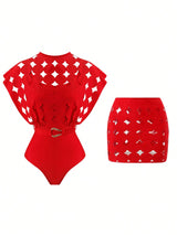 مايوه أحمر برقبة دائرية وفتحات مع جيبة شفافة – SHEIN Swim Oasis