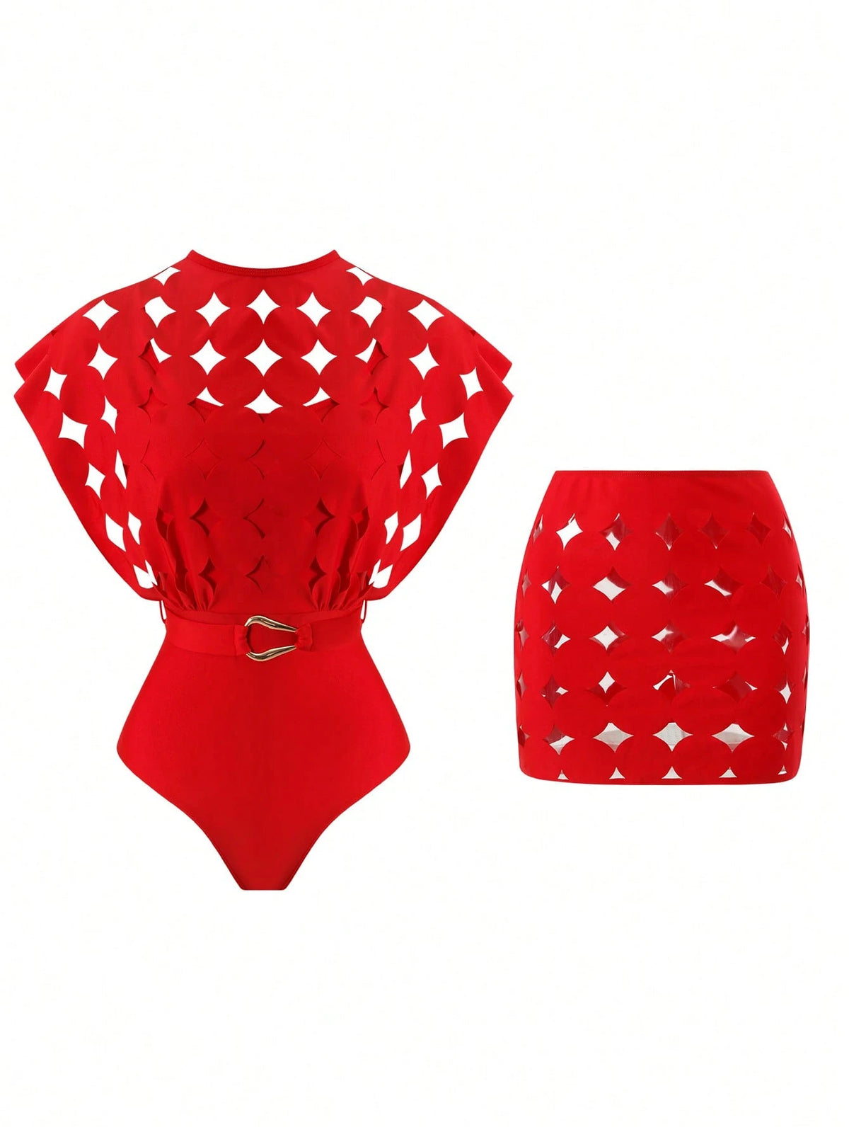 مايوه أحمر برقبة دائرية وفتحات مع جيبة شفافة – SHEIN Swim Oasis