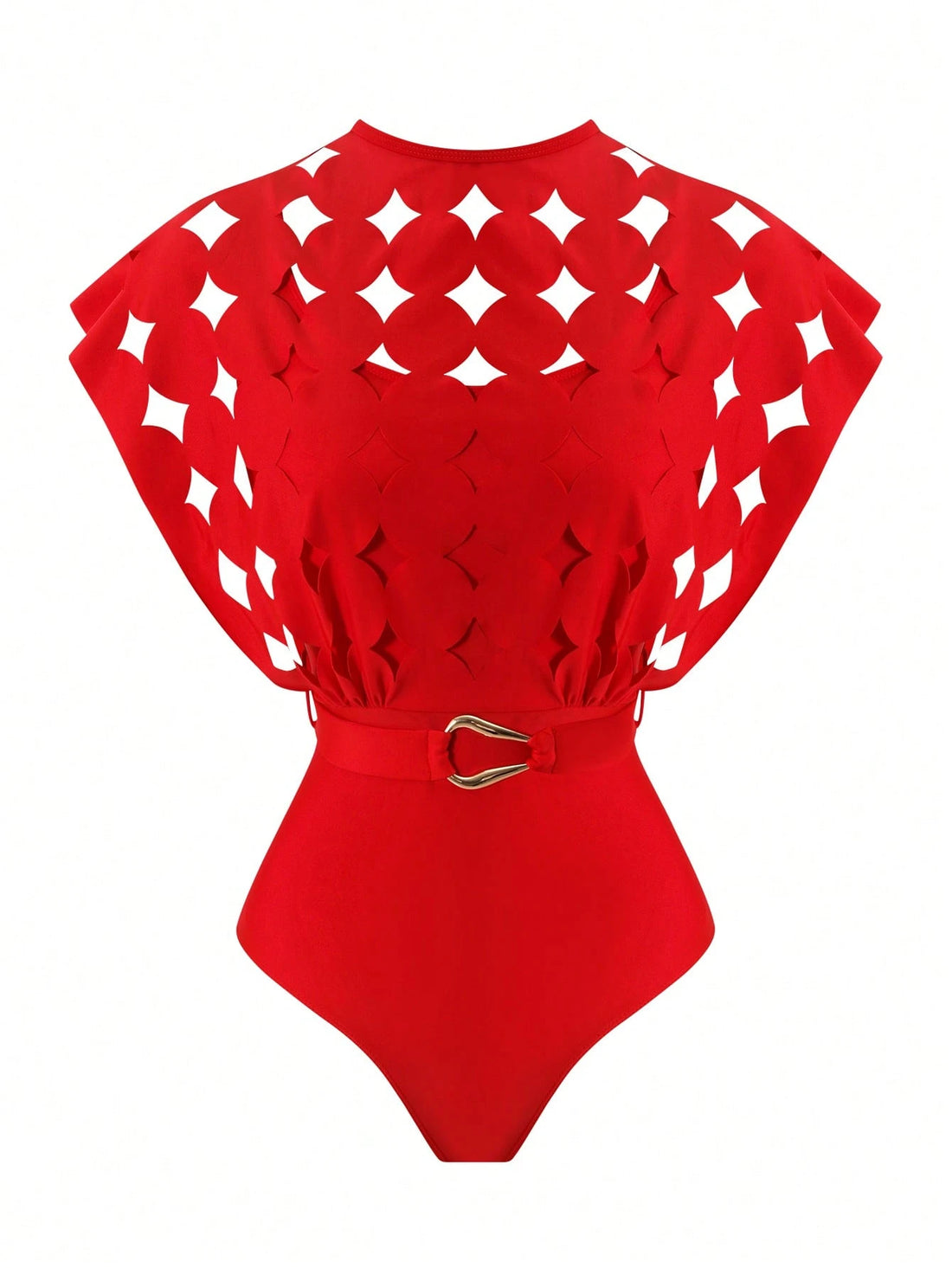 مايوه أحمر برقبة دائرية وفتحات مع جيبة شفافة – SHEIN Swim Oasis
