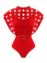 مايوه أحمر برقبة دائرية وفتحات مع جيبة شفافة – SHEIN Swim Oasis