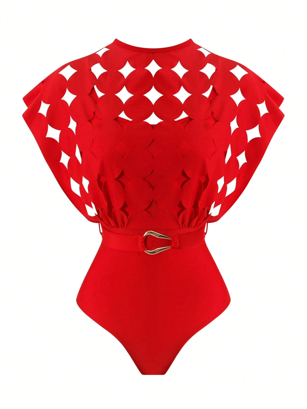 مايوه أحمر برقبة دائرية وفتحات مع جيبة شفافة – SHEIN Swim Oasis