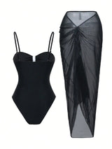 SHEIN Swim 2pcs Set Colorblock Bow Decor One Piece Swimsuit