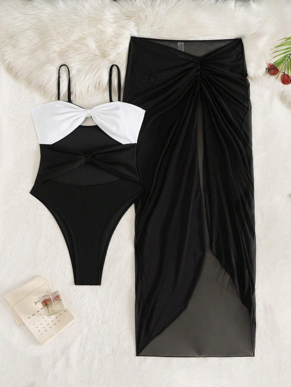 SHEIN Swim 2pcs Set Colorblock Bow Decor One Piece Swimsuit