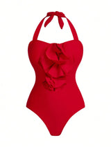 SHEIN Swim Oasis Red 3D Floral Halter Backless Swimsuit with Chiffon Skirt