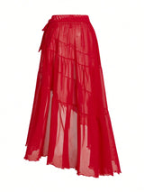 SHEIN Swim Oasis Red 3D Floral Halter Backless Swimsuit with Chiffon Skirt