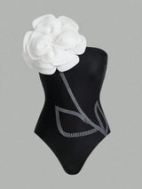 SHEIN Swim Oasis Multicolor 3D Rose Rhinestone Asymmetric One-Piece Swimsuit