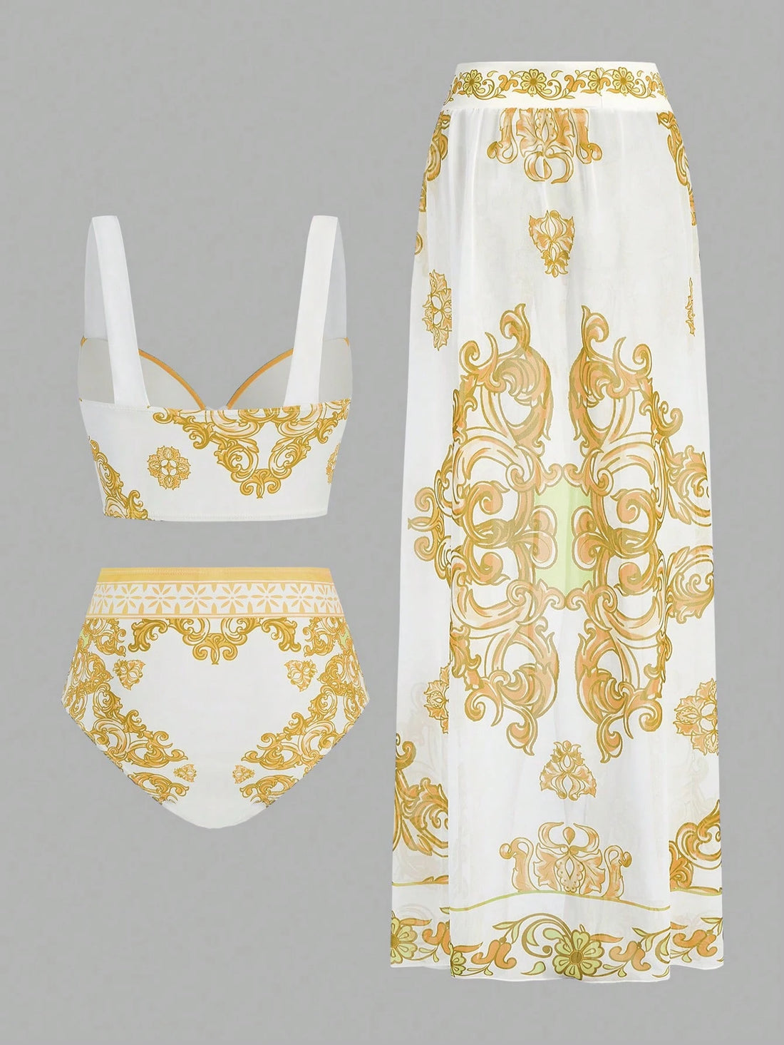 SHEIN Swim Oasis Yellow Baroque Print Bikini Set with Cover-Up & Skirt