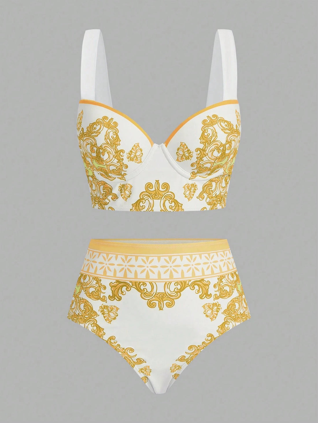 SHEIN Swim Oasis Yellow Baroque Print Bikini Set with Cover-Up & Skirt