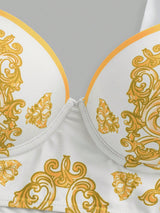SHEIN Swim Oasis Yellow Baroque Print Bikini Set with Cover-Up & Skirt