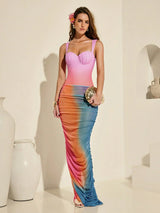 SHEIN Swim Oasis Rainbow Print Thick Strap Ruched One-Piece Swimsuit with Skirt