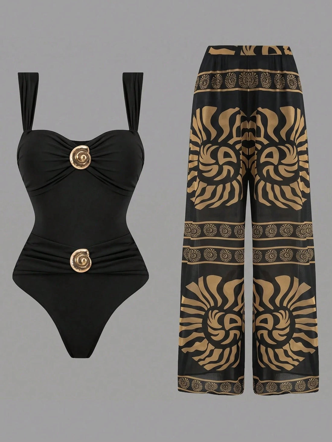 طقم مايوه قطعة واحدة مكشكش مع بنطلون طويل بطبعة – SHEIN Swim Oasis