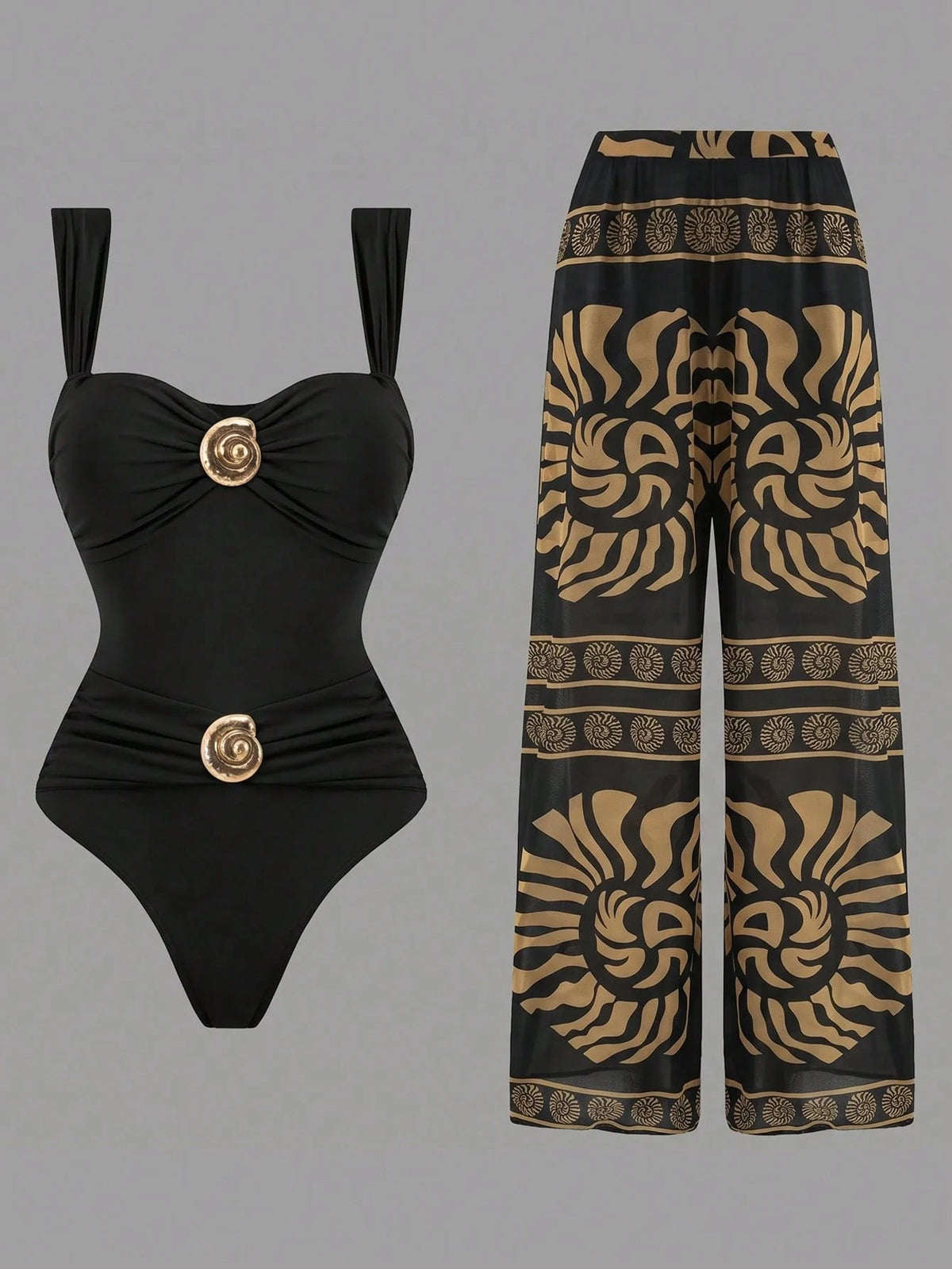 طقم مايوه قطعة واحدة مكشكش مع بنطلون طويل بطبعة – SHEIN Swim Oasis