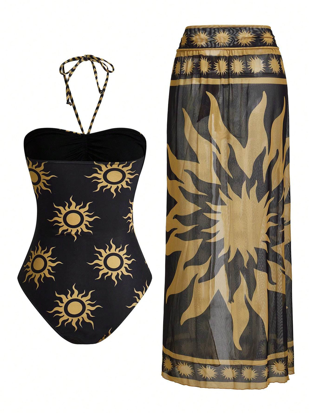 مايوه هالتر بطبعة شمس مع جيبة شبك طويلة – SHEIN Swim Oasis