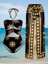 مايوه هالتر بطبعة شمس مع جيبة شبك طويلة – SHEIN Swim Oasis