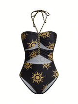 مايوه هالتر بطبعة شمس مع جيبة شبك طويلة – SHEIN Swim Oasis
