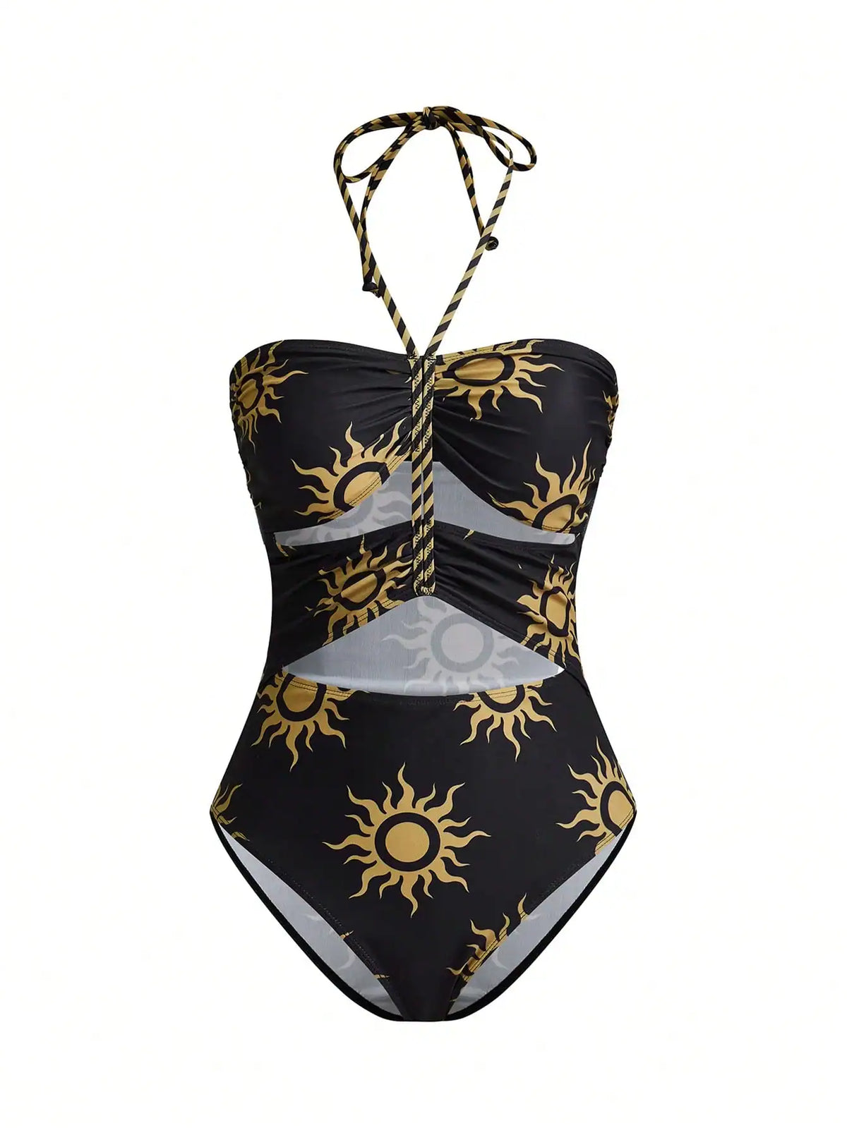 مايوه هالتر بطبعة شمس مع جيبة شبك طويلة – SHEIN Swim Oasis