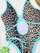 مايوه قطعة واحدة ليوبارد بألوان متداخلة ورقبة V وربطة كروس – SHEIN Swim SXY