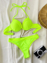 بيكيني نيون برقبة هالتر وربطة وسلك بوش أب – SHEIN Swim SXY