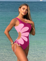 مايوه قطعة واحدة ملون بورود بكتف واحد وفتحات ورباط – SHEIN Swim Vcay