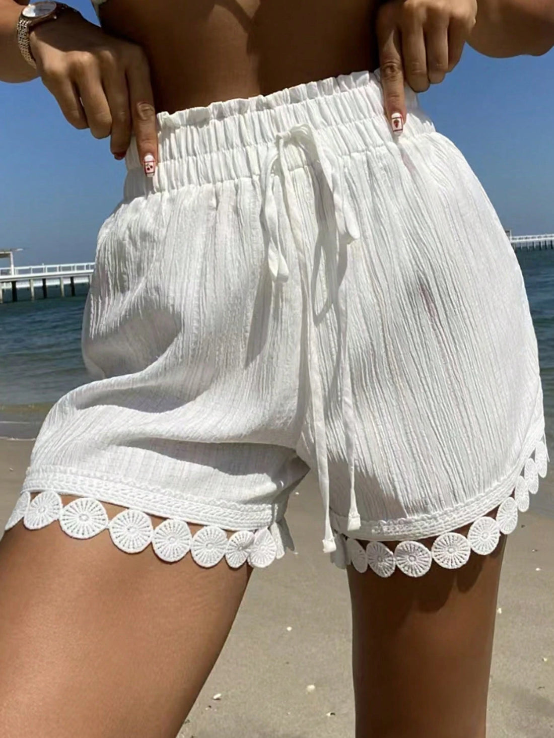 SHEIN Swim Vcay White Lace Trim Tie Waist Cover-Up Shorts Set