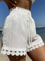 SHEIN Swim Vcay White Lace Trim Tie Waist Cover-Up Shorts Set