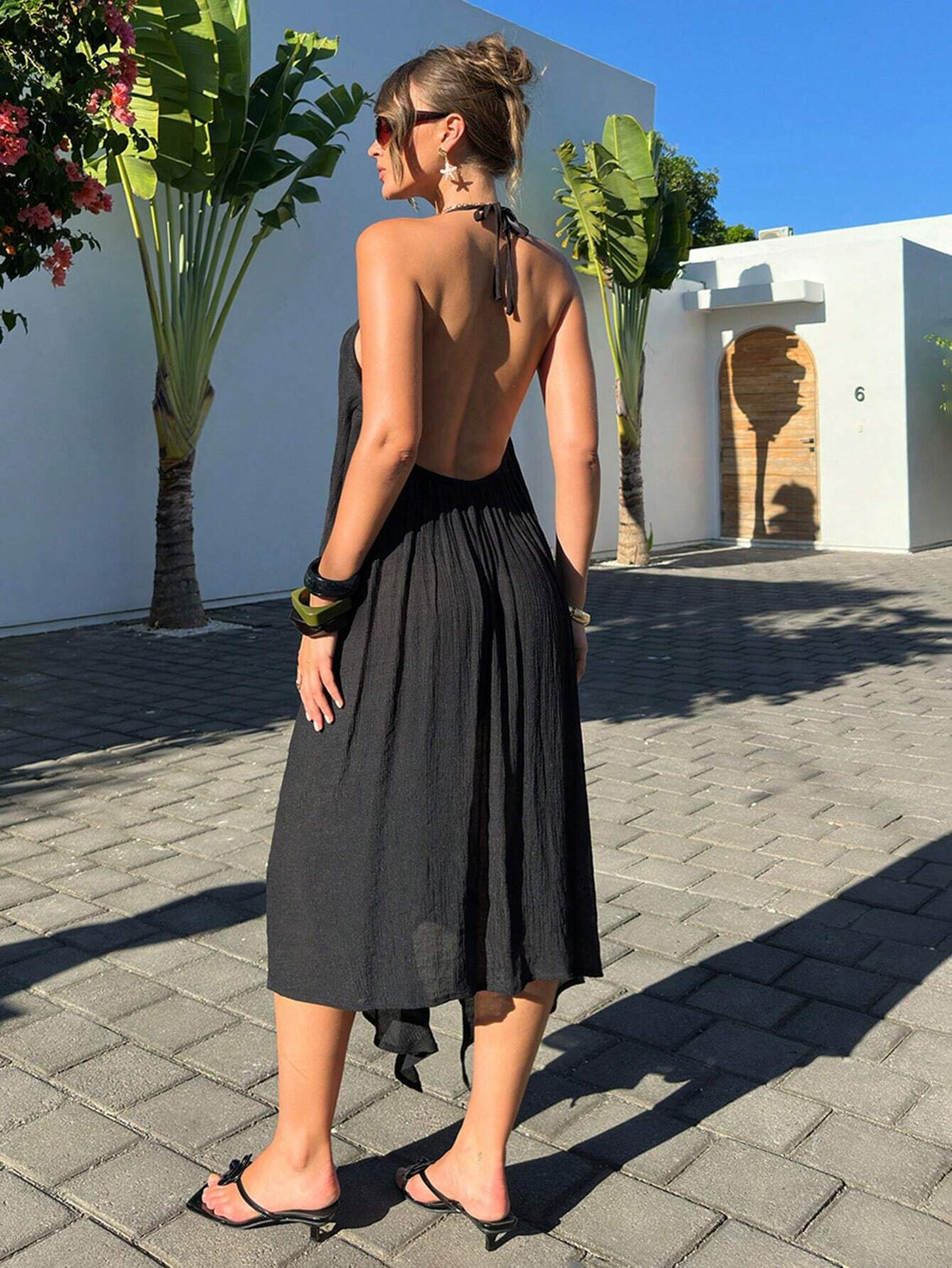 SHEIN Swim Vcay Black 3D Floral Asymmetrical Backless Long Coverup Dress