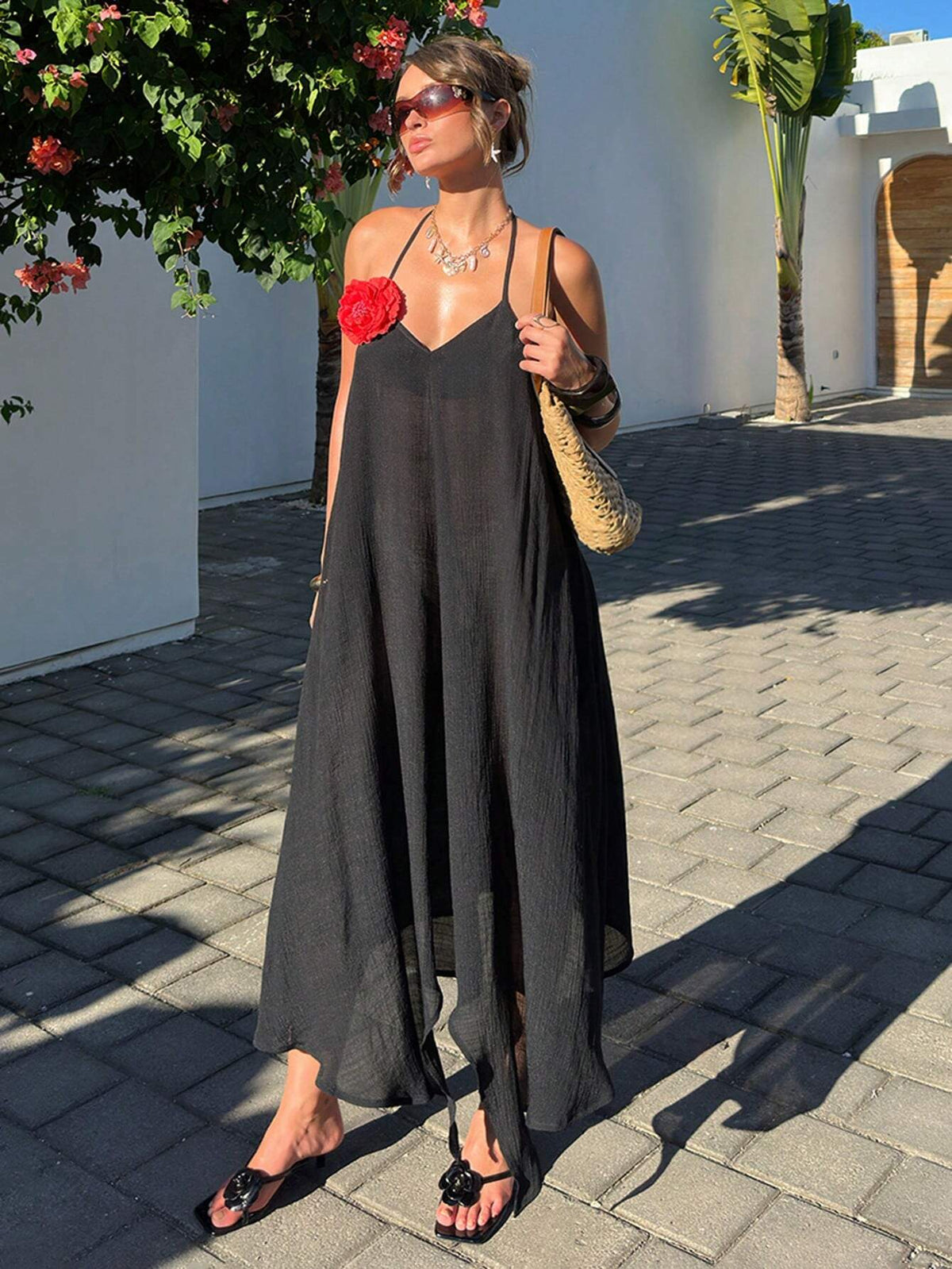 SHEIN Swim Vcay Black 3D Floral Asymmetrical Backless Long Coverup Dress