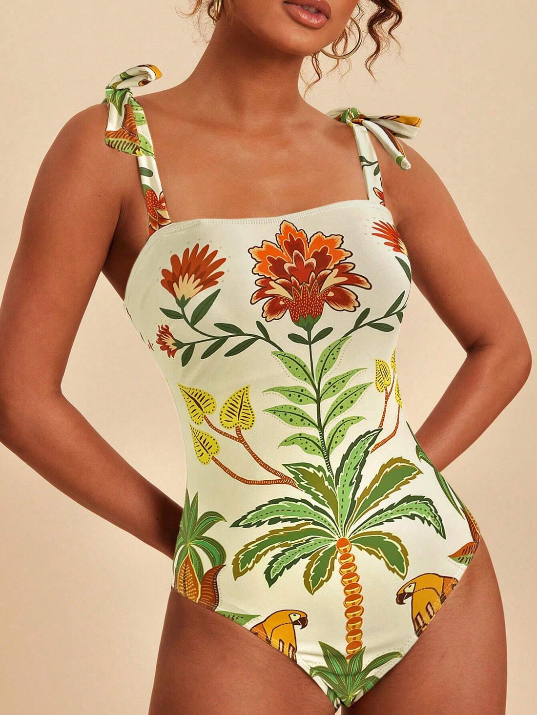 SHEIN Travachic Women's Tropical Print Halter One-Piece Swimsuit