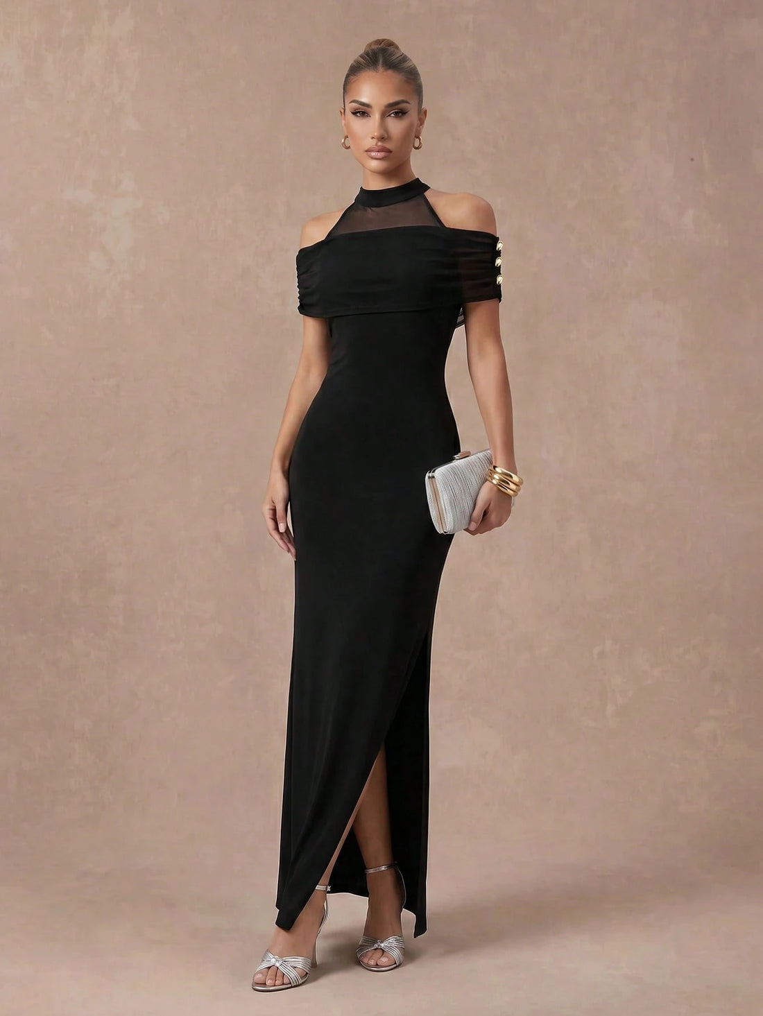 SHEIN Uhlyne Black Halter Cold Shoulder Split Thigh Bodycon Maxi Dress