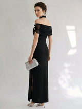 SHEIN Uhlyne Black Halter Cold Shoulder Split Thigh Bodycon Maxi Dress
