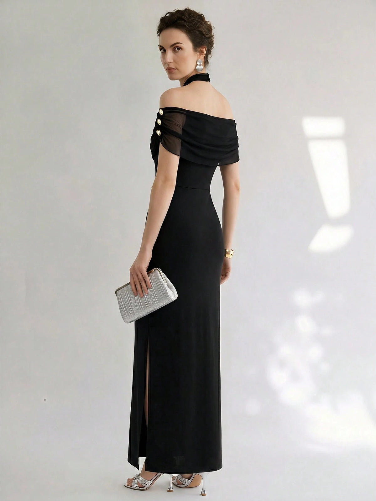 SHEIN Uhlyne Black Halter Cold Shoulder Split Thigh Bodycon Maxi Dress