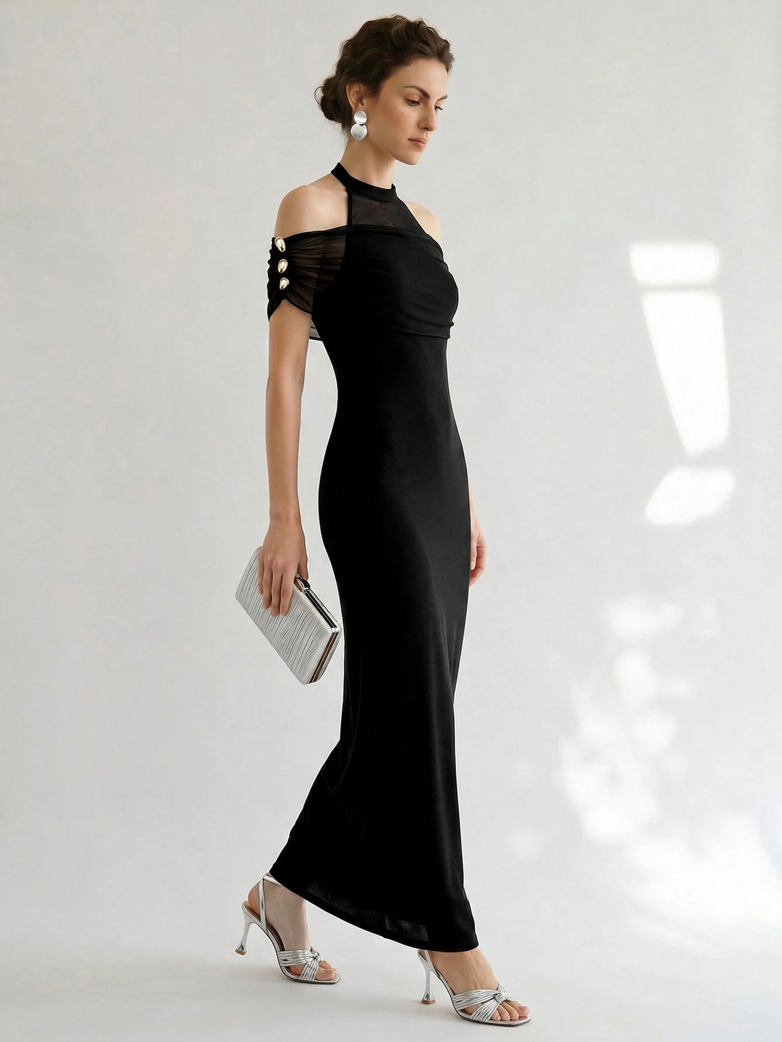 SHEIN Uhlyne Black Halter Cold Shoulder Split Thigh Bodycon Maxi Dress