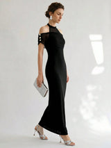 SHEIN Uhlyne Black Halter Cold Shoulder Split Thigh Bodycon Maxi Dress