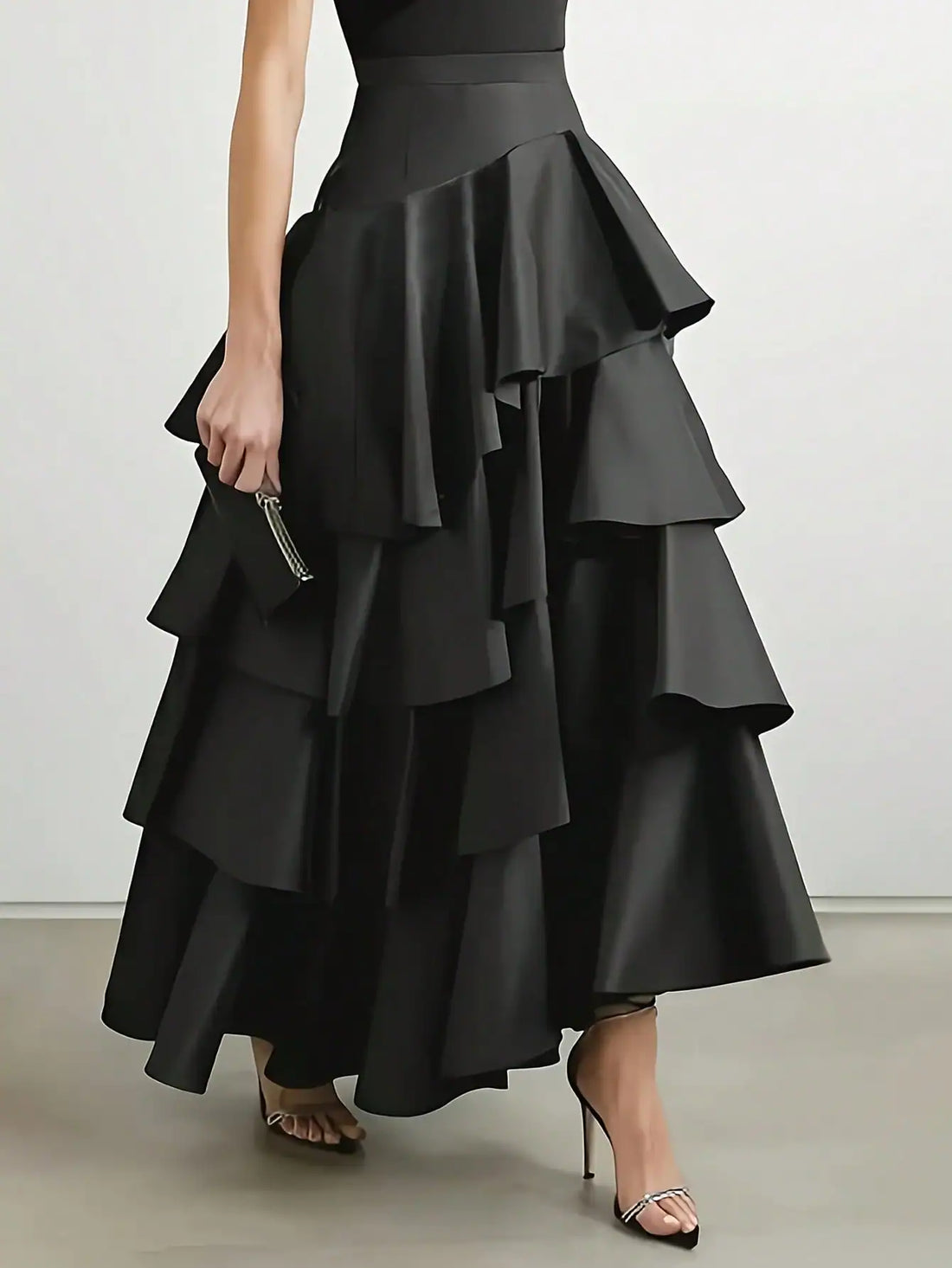 SHEIN Vuslat Women's Black Asymmetrical Hem Layered Ruffle High Waist Flare Maxi Dress