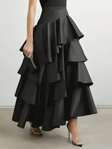 SHEIN Vuslat Women's Black Asymmetrical Hem Layered Ruffle High Waist Flare Maxi Dress